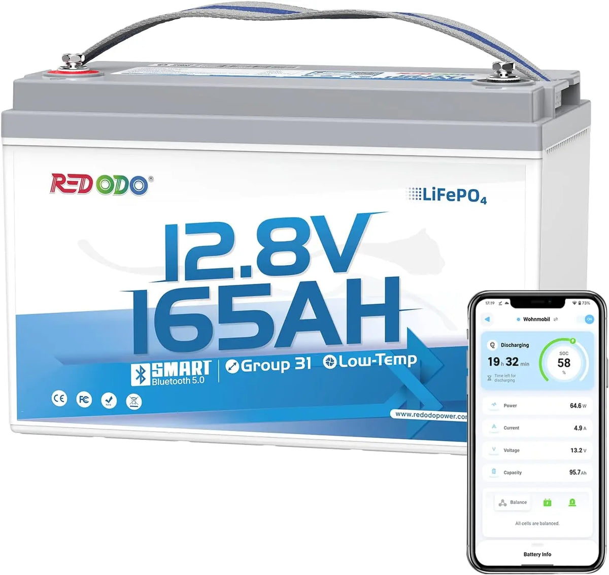 Redodo Batterie 165A 12 V mit Bluetooth