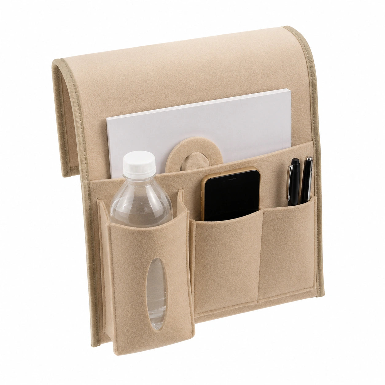 Beige Sofa-Organizer mit Klettverschluss und Taschen, platzsparend für Couch, Sessel oder Bett
