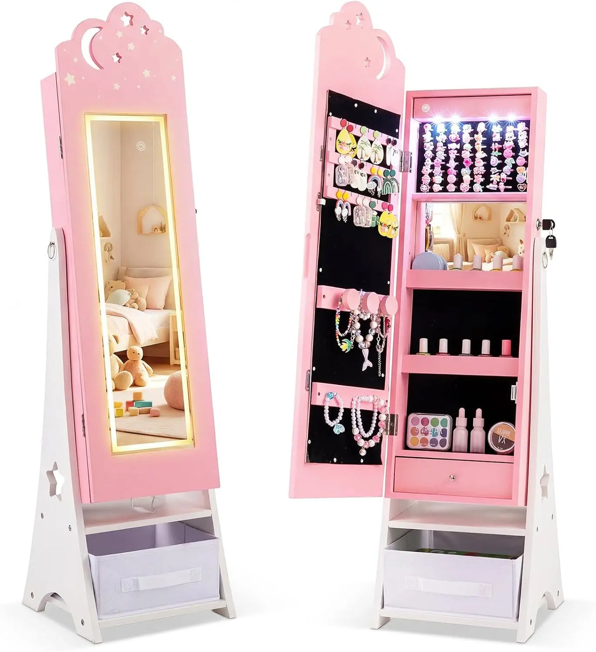 COSTWAY Schmuckschrank mit LED-Beleuchtung Rosa