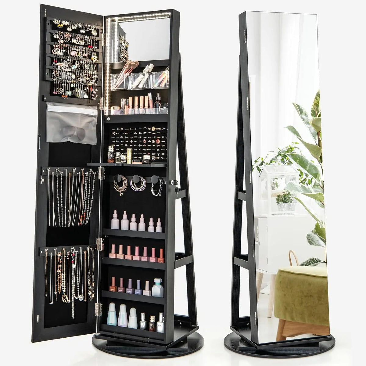 COSTWAY Schmuckschrank mit LED-Beleuchtung Schwarz