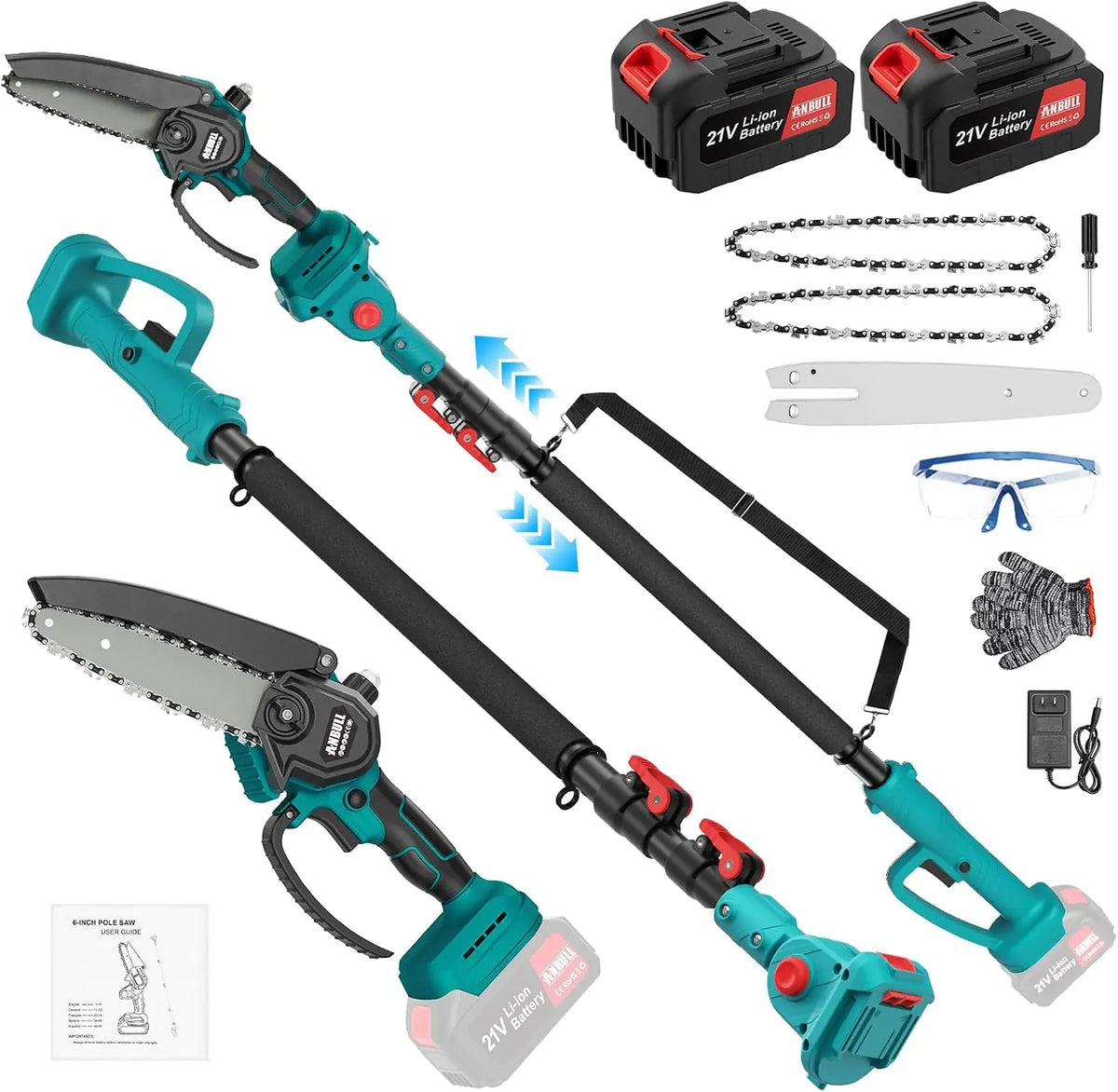 Anbull 2-in-1 Akku Hochentaster & 6 Zoll Mini Kettensäge mit Teleskopstange