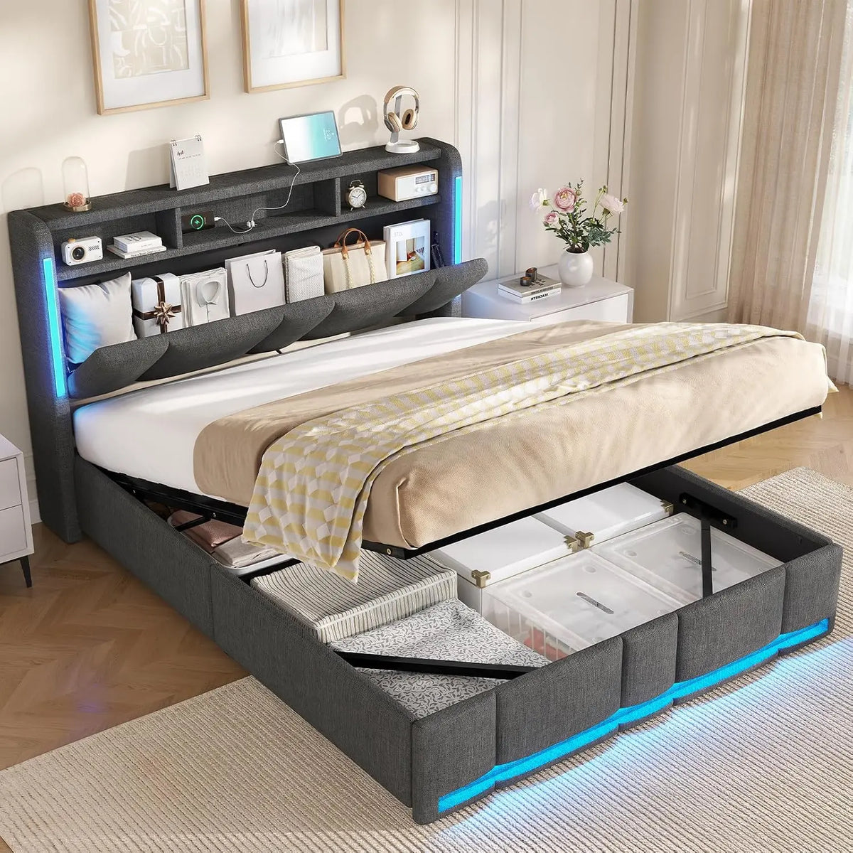 AOGLLATI Bett mit LED-Beleuchtung Dunkelgrau